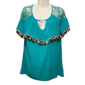 Jodifl Turquoise Rayon Tunic Lace, Ruffle w Tassel Poms Size Small
